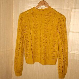 LC Lauren Conrad Womens Mustard Yellow Open Knit Scalloped Collar Sweater Medium